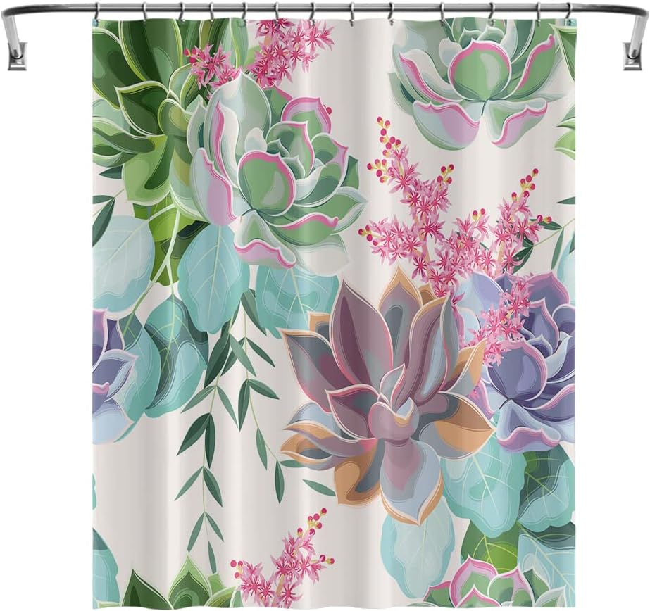 Tropical Botanical Succulents Shower Curtain with Watercolor Green Purple Pink Flower for Natural Bathroom Design