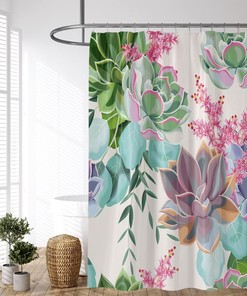 Tropical Botanical Succulents Shower Curtain with Watercolor Green Purple Pink Flower for Natural Bathroom Design