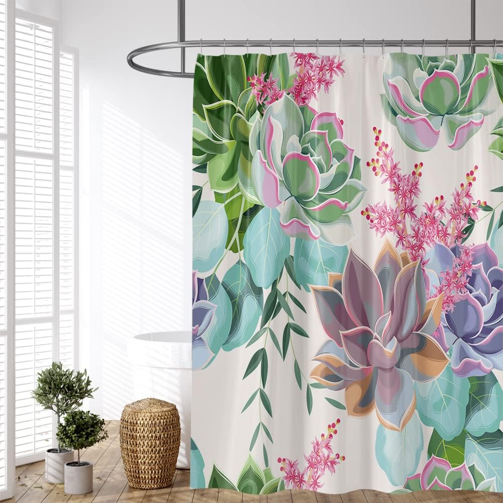 Tropical Botanical Succulents Shower Curtain with Watercolor Green Purple Pink Flower for Natural Bathroom Design
