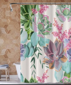 Tropical Botanical Succulents Shower Curtain with Watercolor Green Purple Pink Flower for Natural Bathroom Design