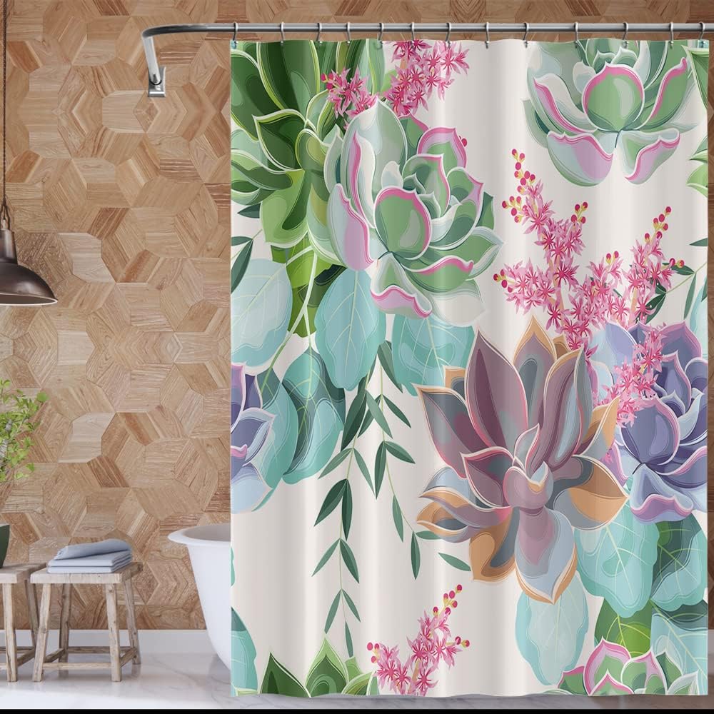Tropical Botanical Succulents Shower Curtain with Watercolor Green Purple Pink Flower for Natural Bathroom Design