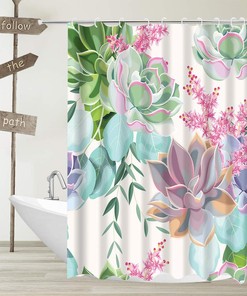 Tropical Botanical Succulents Shower Curtain with Watercolor Green Purple Pink Flower for Natural Bathroom Design