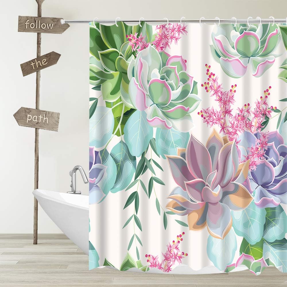 Tropical Botanical Succulents Shower Curtain with Watercolor Green Purple Pink Flower for Natural Bathroom Design