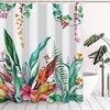 Tropical Botanical Watercolor Floral Shower Curtain With Green Leaf Aesthetic For Summer Bathroom Decor