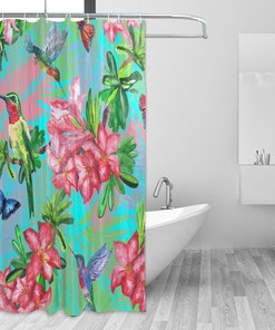 Tropical Butterflies Hummingbirds Shower Curtain with Flowers Pattern for Decorative Bathroom