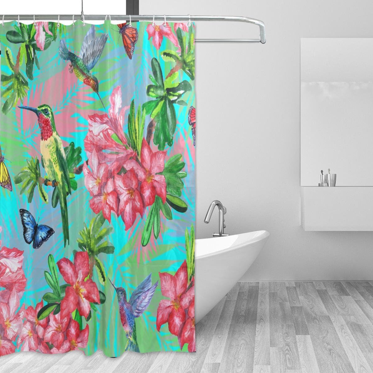 Tropical Butterflies Hummingbirds Shower Curtain with Flowers Pattern for Decorative Bathroom