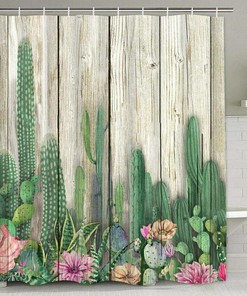 Tropical Cactus And Succulent Shower Curtain With Wooden Board Background