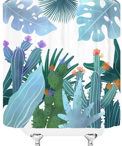 Tropical Cactus Flower Shower Curtain With Waterproof Fabric, Unique Bathroom Decor Idea