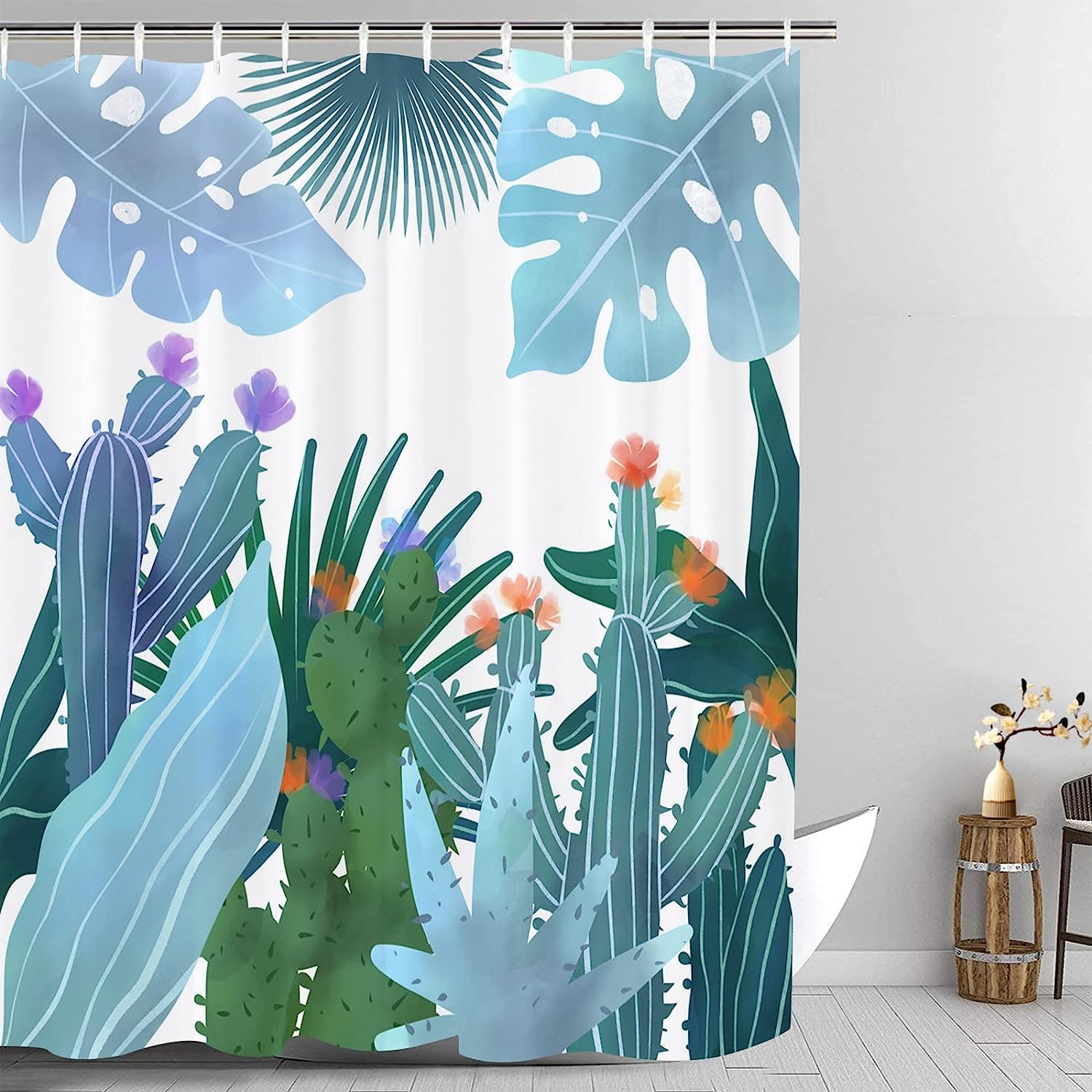 Tropical Cactus Flower Shower Curtain With Waterproof Fabric, Unique Bathroom Decor Idea