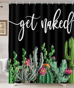 Tropical Cactus Print Shower Curtain with Funny Quote, Farmhouse Bathroom Decor by VeiVian