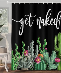 Tropical Cactus Print Shower Curtain with Funny Quote, Farmhouse Bathroom Decor by VeiVian