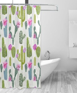 Tropical Cactus Print Waterproof Fabric Shower Curtain for Bathroom Decoration