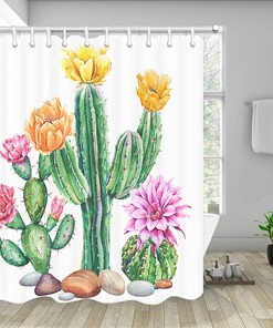 Tropical Cactus Shower Curtain, Fabric Bath Curtain With Plants And Flowers