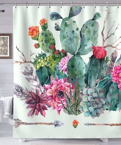 Tropical Cactus Shower Curtain, Leaf And Floral Design For Bathroom