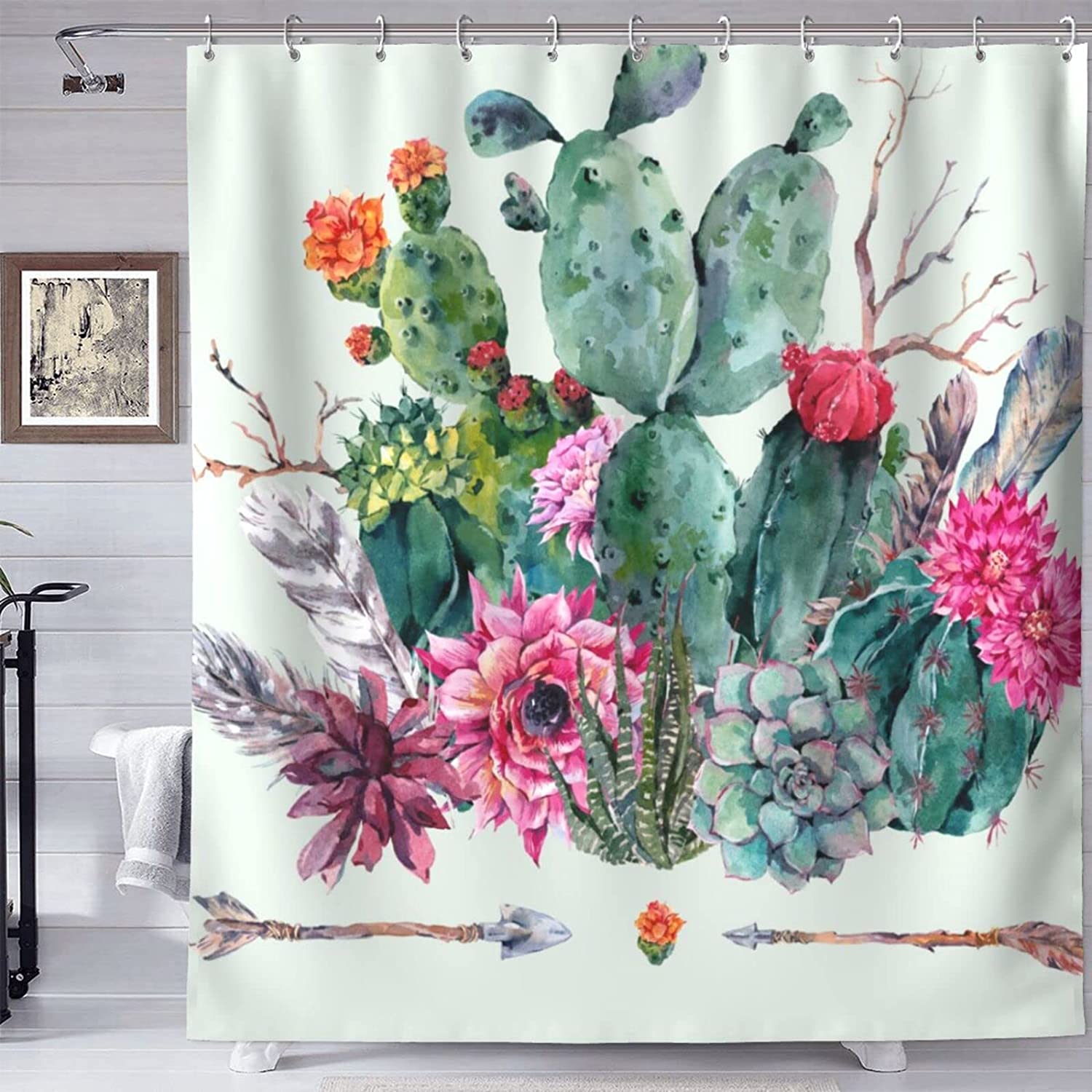 Tropical Cactus Shower Curtain, Leaf And Floral Design For Bathroom