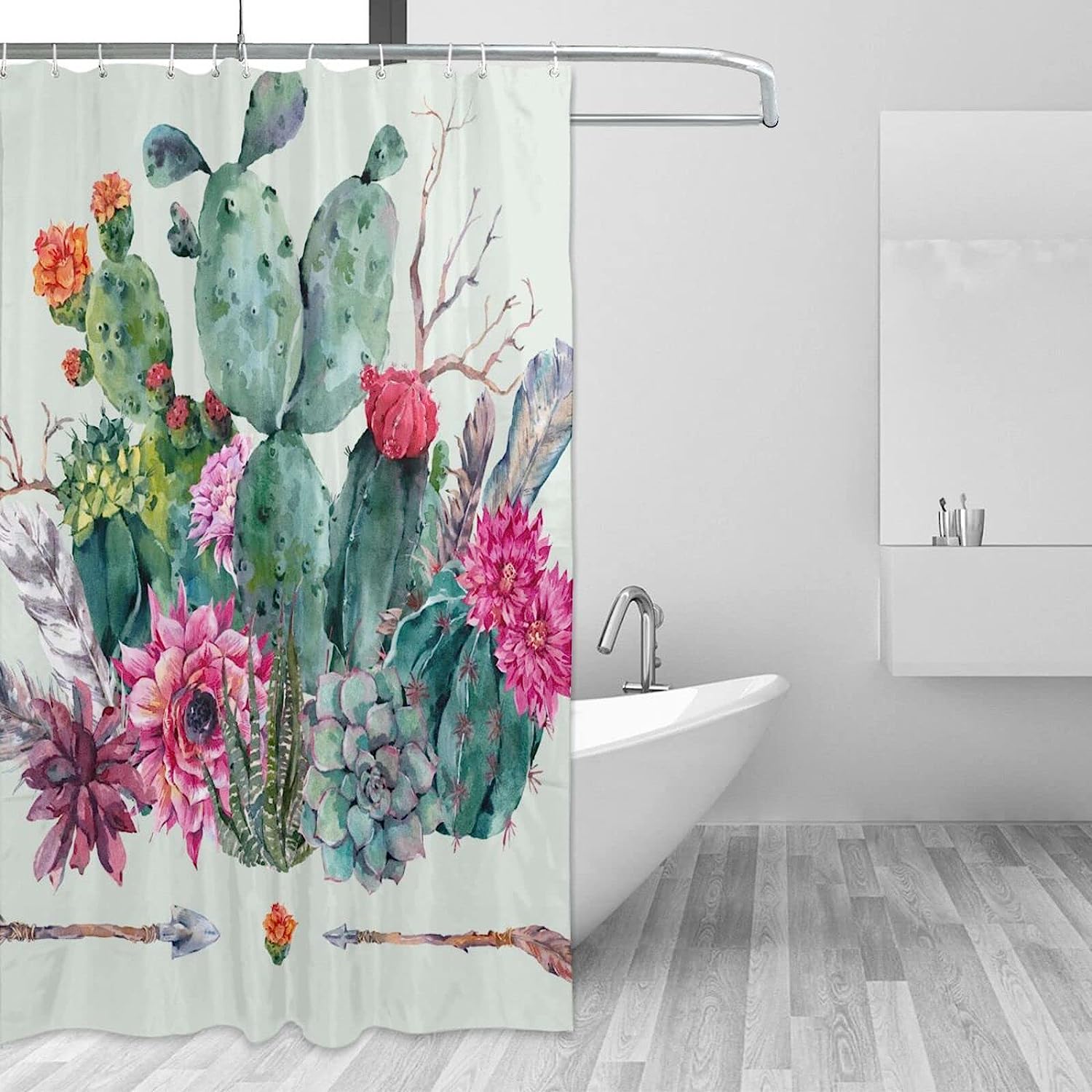Tropical Cactus Shower Curtain, Leaf And Floral Design For Bathroom - Image 2