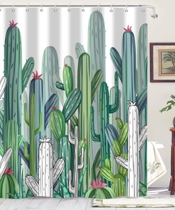 Tropical Cactus Shower Curtain with Green Botanical Plant and Southwest Desert Succulent for Bathroom Decor 