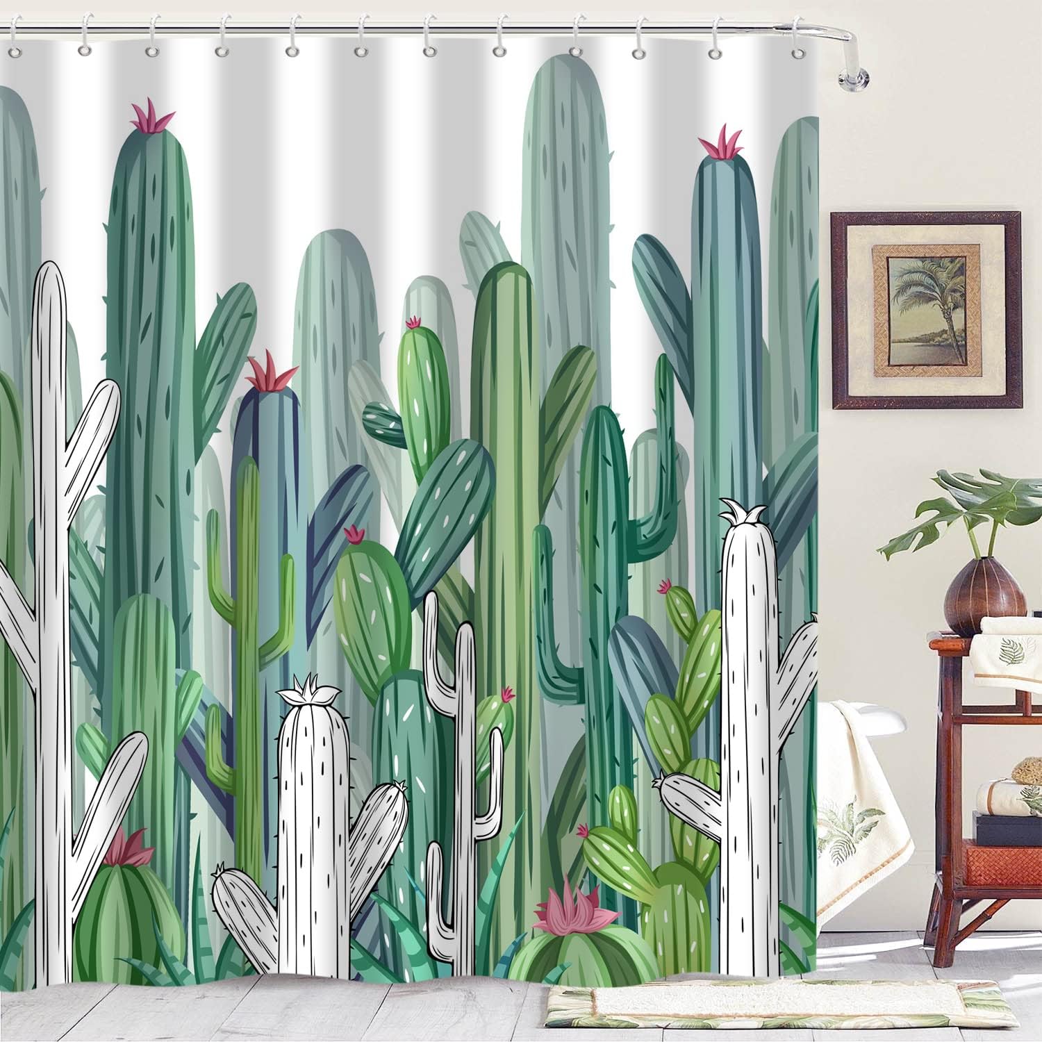 Tropical Cactus Shower Curtain with Green Botanical Plant and Southwest Desert Succulent for Bathroom Decor
