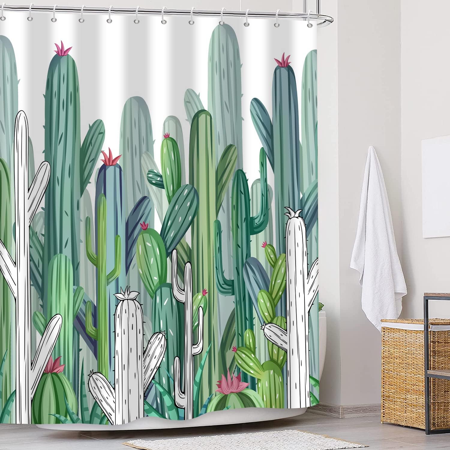 Tropical Cactus Shower Curtain with Green Botanical Plant and Southwest Desert Succulent for Bathroom Decor