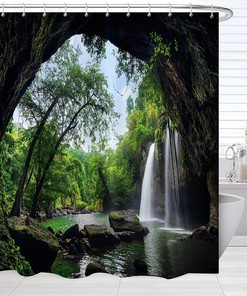Tropical Cave Waterfall Trees Mountain Outdoor Scene Shower Curtain