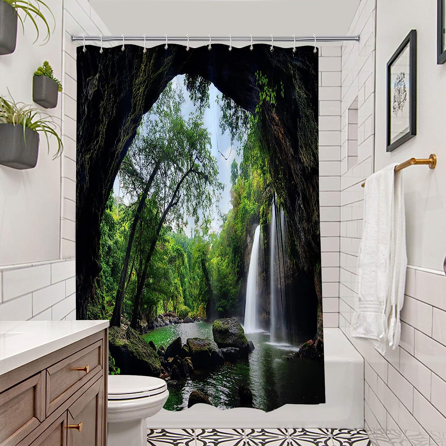 Tropical Cave Waterfall Trees Mountain Outdoor Scene Shower Curtain - Image 2