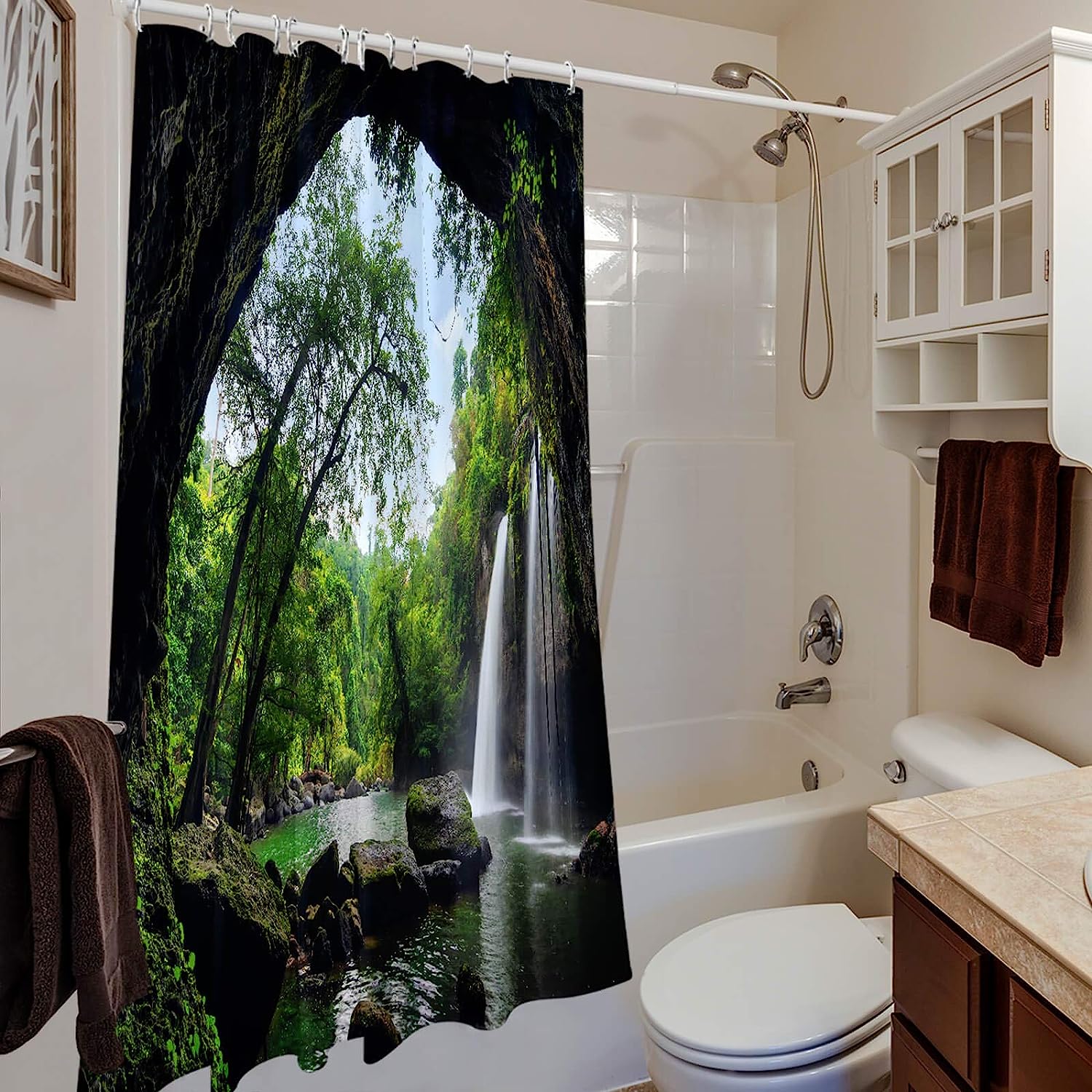 Tropical Cave Waterfall Trees Mountain Outdoor Scene Shower Curtain - Image 3
