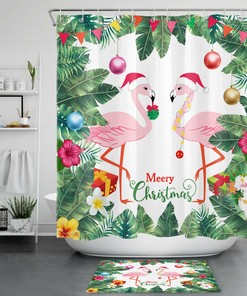 Tropical Christmas Flamingo Shower Curtain with Green Banana Leaf for a Festive Look