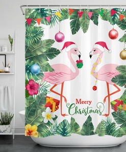 Tropical Christmas Flamingo Shower Curtain with Green Banana Leaf for a Festive Look