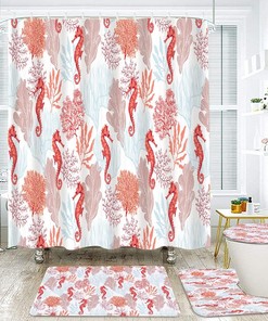 Tropical Coastal Corals Seahorse Seaweed Underwater Blue Red Bathroom Set