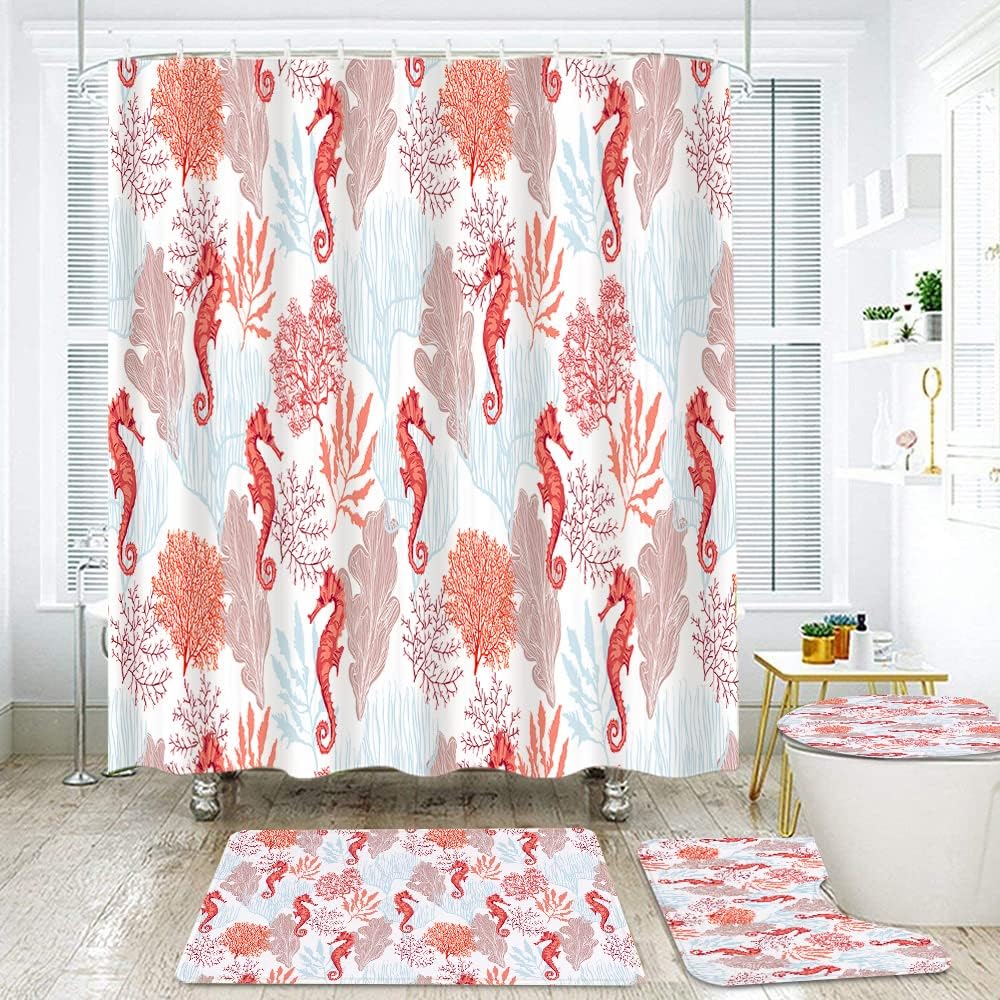 Tropical Coastal Corals Seahorse Seaweed Underwater Blue Red Bathroom Set