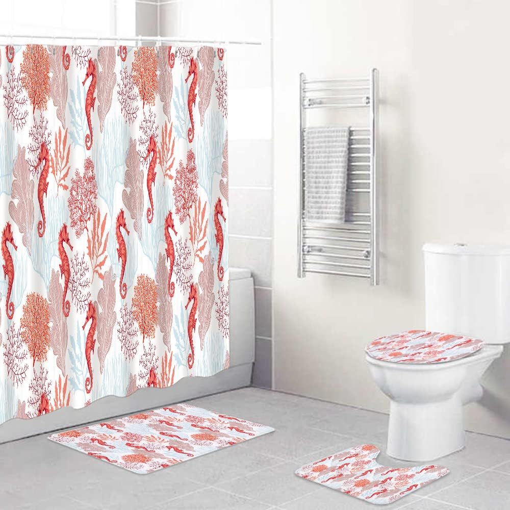 Tropical Coastal Corals Seahorse Seaweed Underwater Blue Red Bathroom Set - Image 2