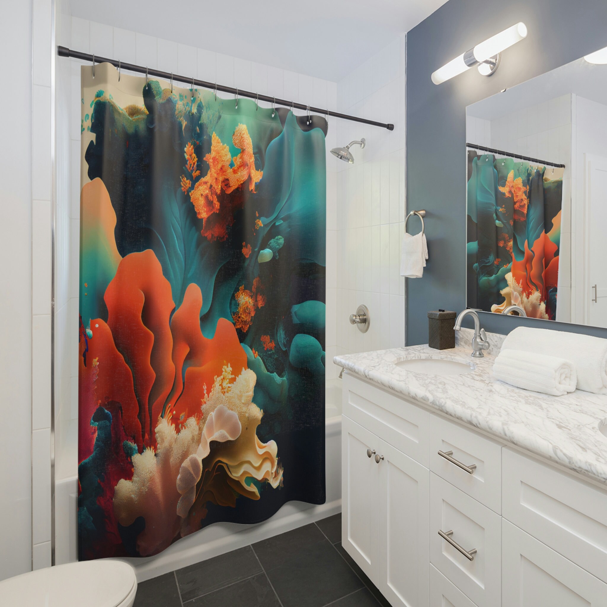 Tropical Coral Reef Print Shower Curtain for Modern Abstract Bathroom Decor