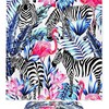 Tropical Design Shower Curtain With Flamingo, Zebra, Palm Tree, And Flowers