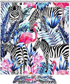 Tropical Design Shower Curtain With Flamingo, Zebra, Palm Tree, And Flowers