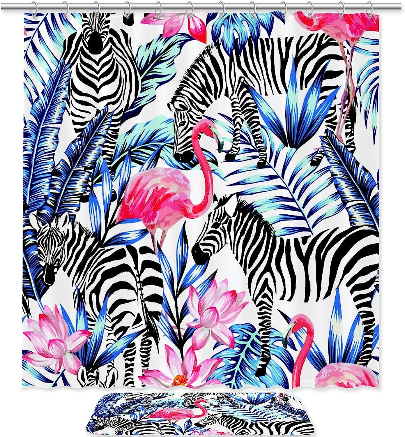 Tropical Design Shower Curtain With Flamingo, Zebra, Palm Tree, And Flowers