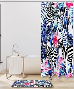 Tropical Design Shower Curtain With Flamingo, Zebra, Palm Tree, And Flowers