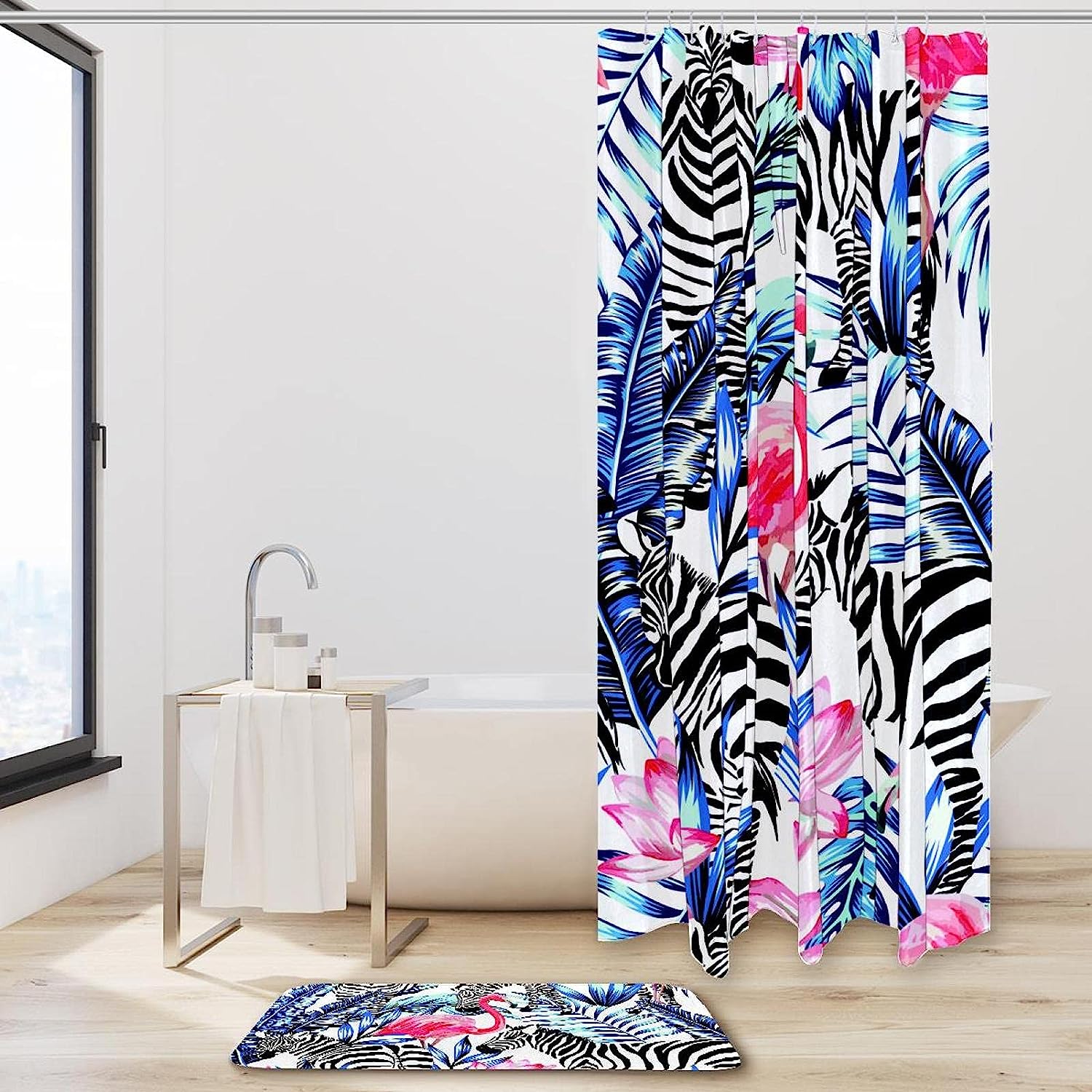 Tropical Design Shower Curtain With Flamingo, Zebra, Palm Tree, And Flowers