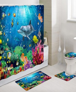 Tropical Dolphin And Coral Fish Shower Curtain - Underwater Theme Bathroom Decor
