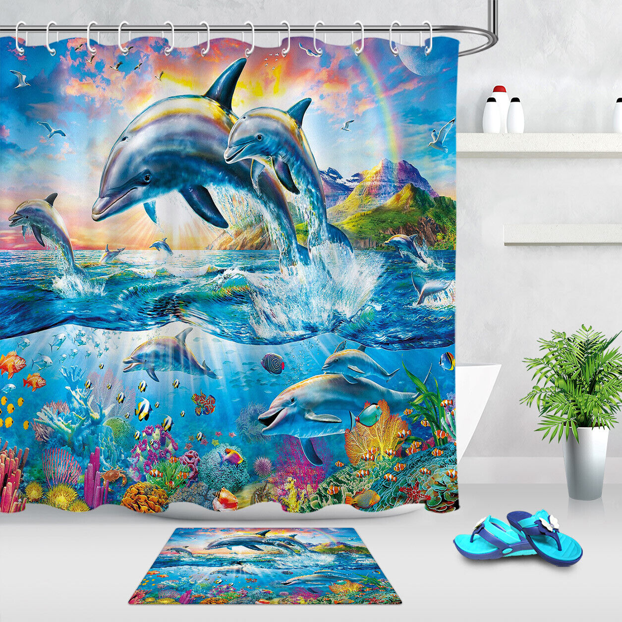 Tropical Dolphin Print Sky Shower Curtain for a Fun and Beachy Bathroom