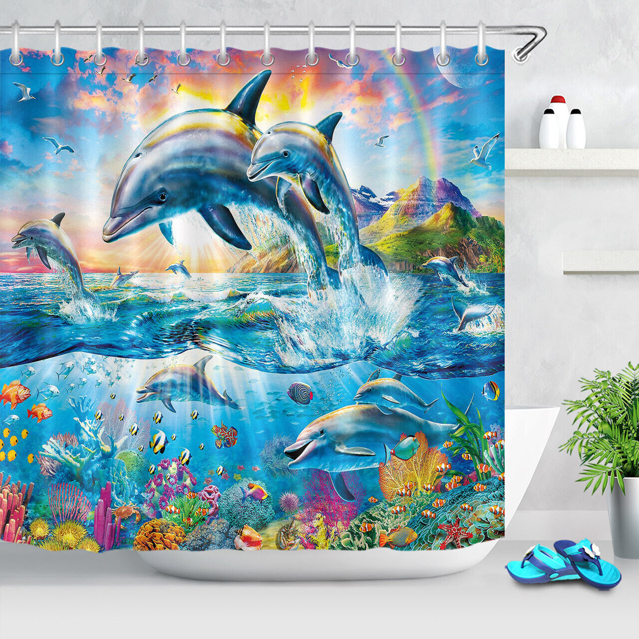 Tropical Dolphin Print Sky Shower Curtain for a Fun and Beachy Bathroom