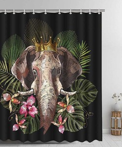 Tropical Elephant Shower Curtain With Palm Leaves For Nature-Inspired Bathroom