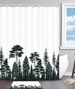Tropical Fern Outline Shower Curtain Decor Fabric with 12 Hooks for Fresh Bathroom Decorating