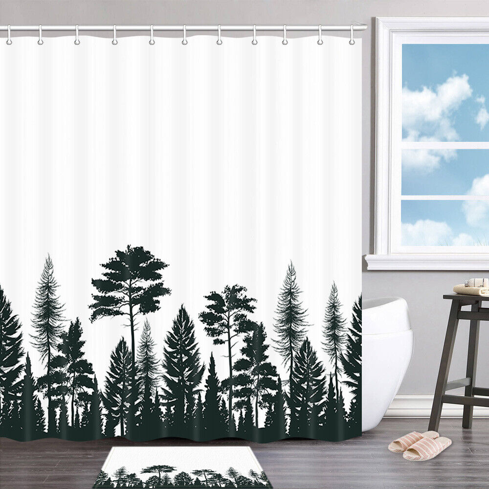 Tropical Fern Outline Shower Curtain Decor Fabric with 12 Hooks for Fresh Bathroom Decorating