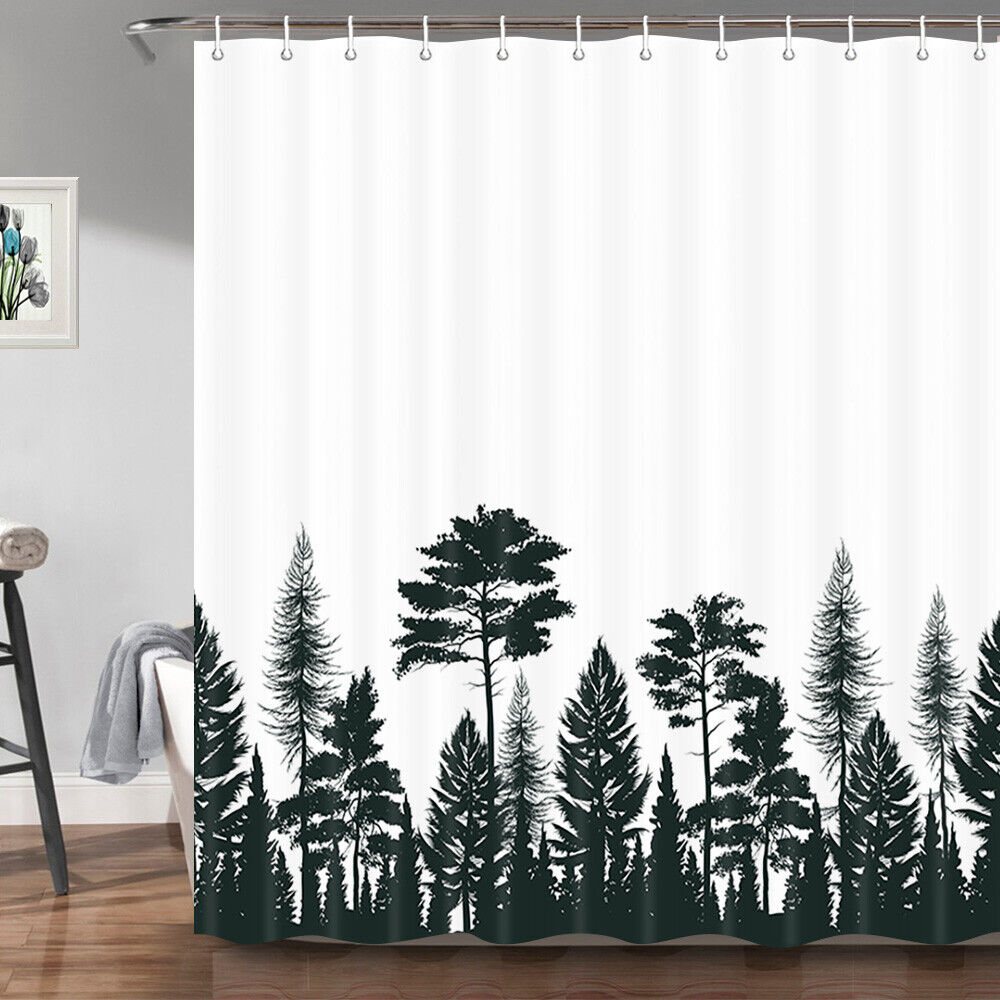 Tropical Fern Outline Shower Curtain Decor Fabric with 12 Hooks for Fresh Bathroom Decorating