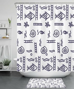 Tropical Fish Conch Cartoon Print Shower Curtain for Bathroom Decor