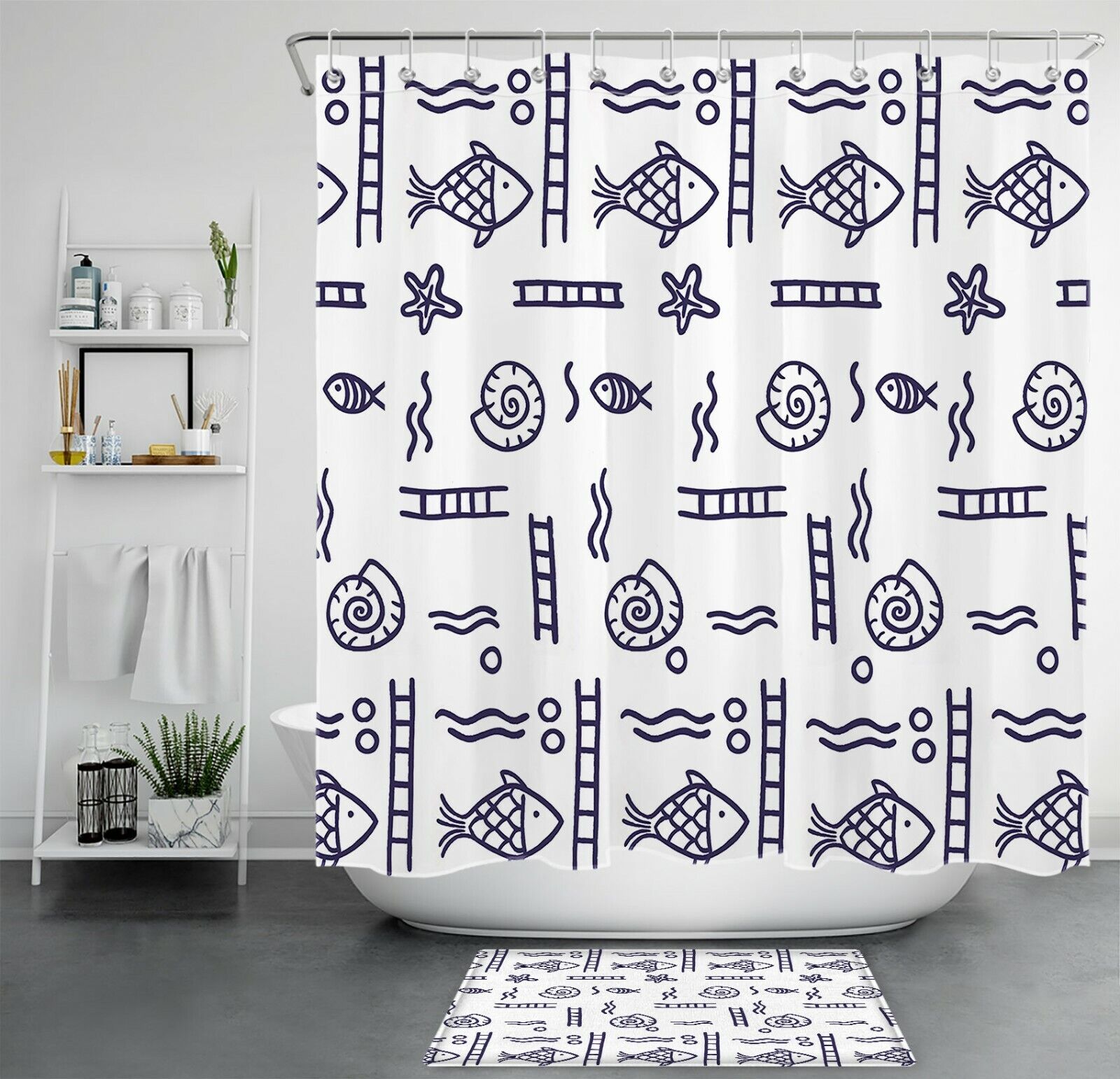 Tropical Fish Conch Cartoon Print Shower Curtain for Bathroom Decor