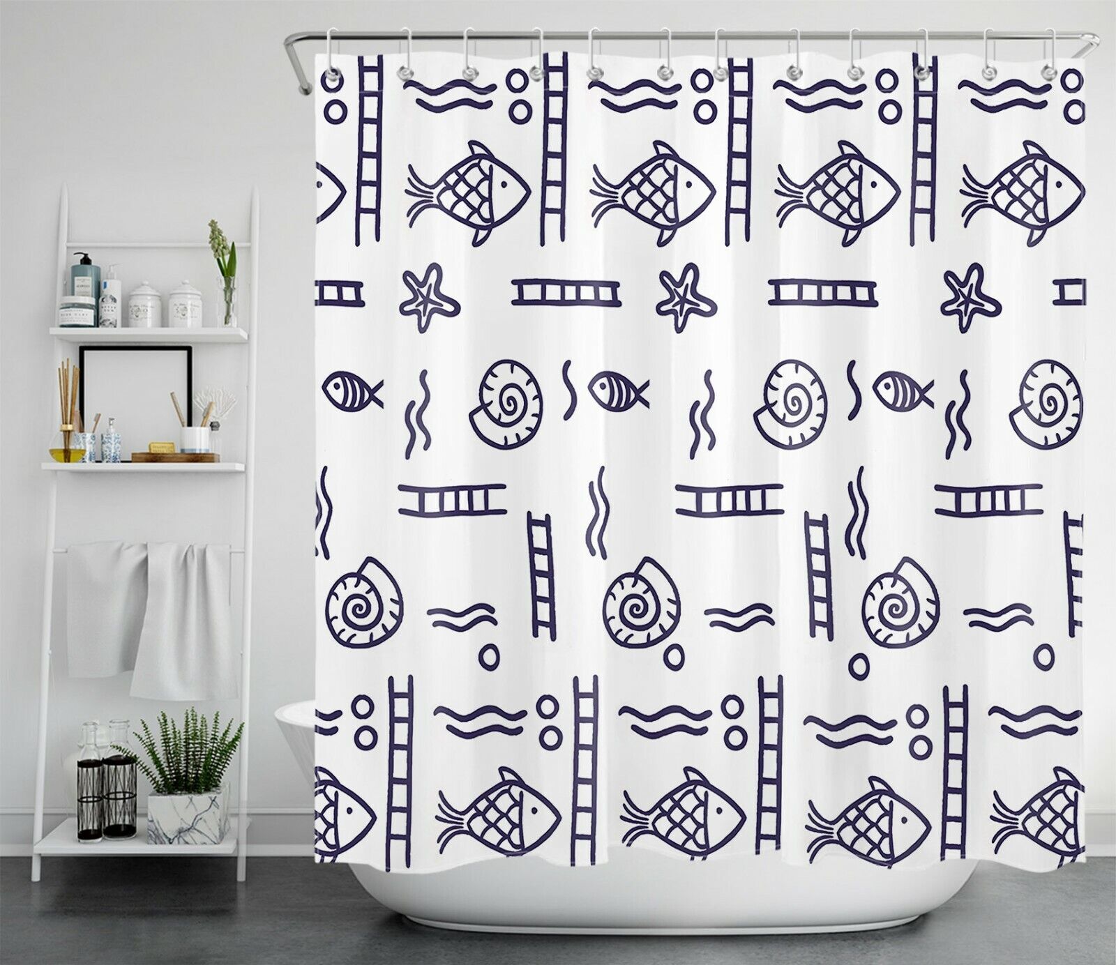 Tropical Fish Conch Cartoon Print Shower Curtain for Bathroom Decor