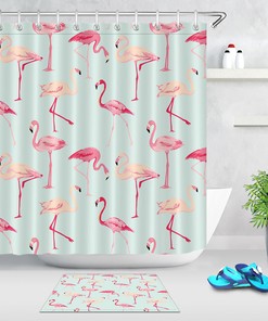 Tropical Flamingo Bird Shower Curtain - Exotic and Playful Bathroom Decor - Waterproof Mat and Hooks
