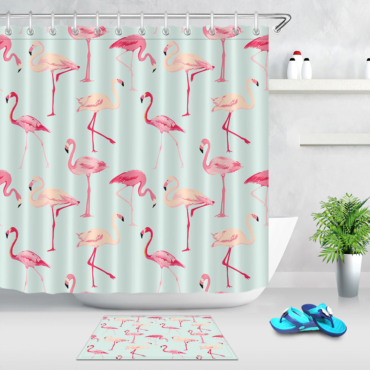 Tropical Flamingo Bird Shower Curtain - Exotic and Playful Bathroom Decor - Waterproof Mat and Hooks