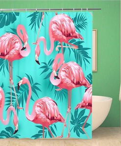 Tropical Flamingo Bird and Flower Shower Curtain with Pink Pattern - Waterproof Fabric Bathroom Curtains